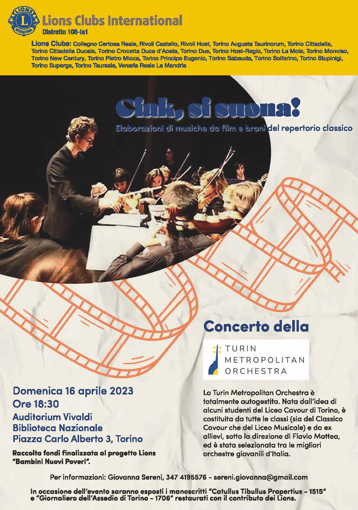 Domenica 16 aprile, all'Auditorium Vivaldi della Biblioteca Nazionale, concerto dell'ensemble giovanile Turin Metropolitan Orchestra a sostegno del progetto Lions 